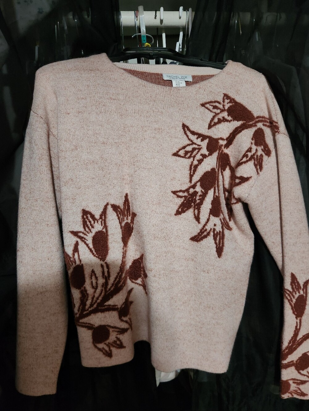 Rachel Zoe Blush Pink Sweater with Brown Floral Jacquard